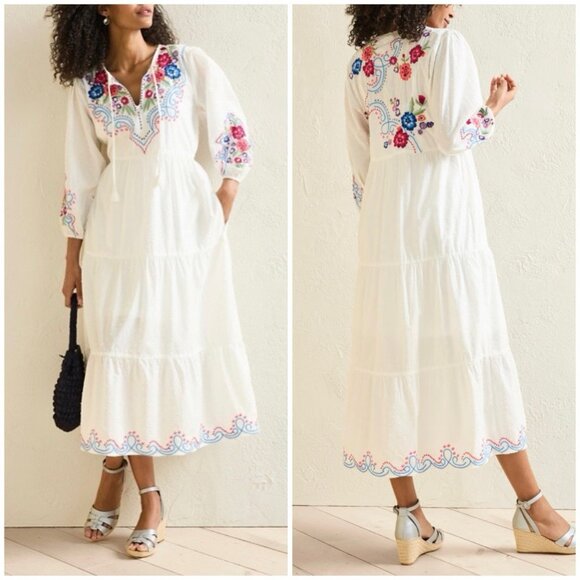 Johnny Was Tiered Maxi Dress White Embroidered Boho Tunic Small NWT - Picture 1 of 12